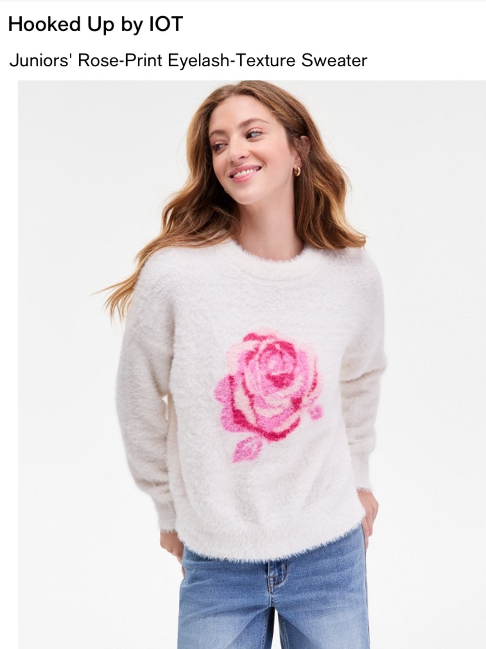 Juniors’ Medium Rose-Print Eyelash-Texture Sweater